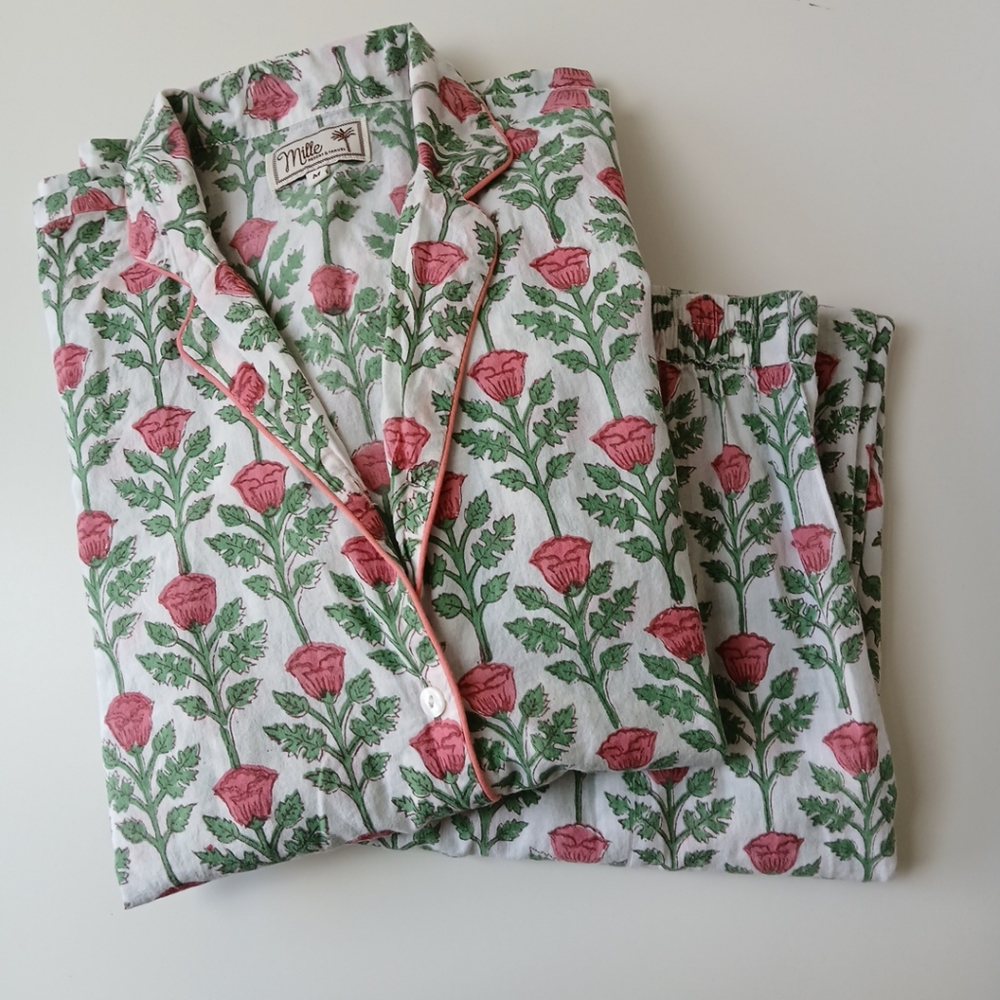 Mille Rose Print Cotton Pajama Set - Pink & Green